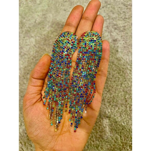 Multicolor earrings , multicolored earrings  long fringe red blue green earrings - Picture 1 of 3